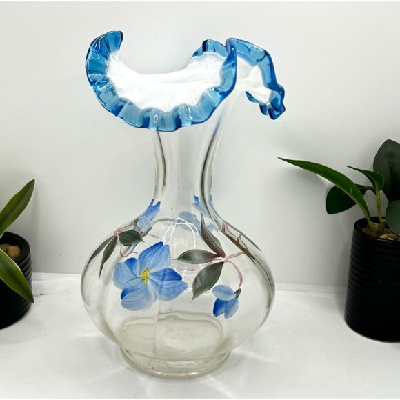 Fenton Blue Floral • Opalescent Rib Base Ruffled Aqua Crest Vase Signed - Picture 9 of 9